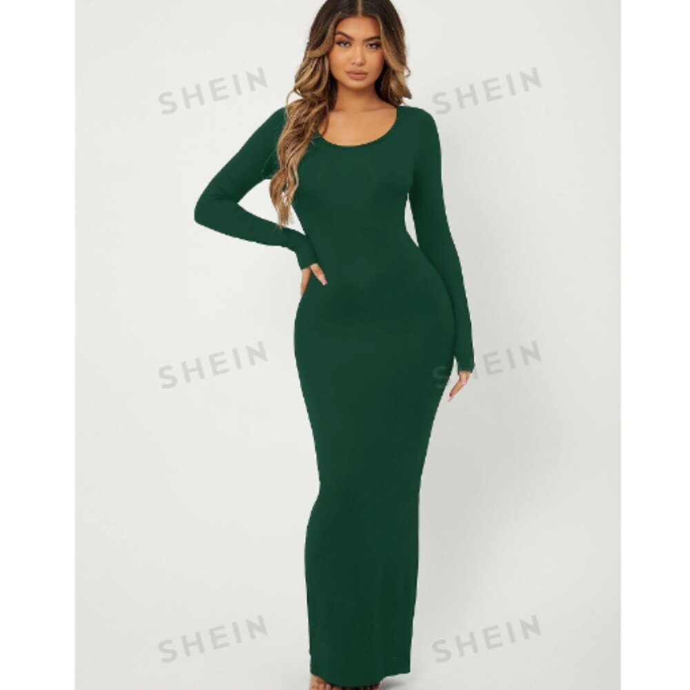 Shein Green SXY Solid Maxi Bodycon Dress long sleeve
